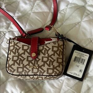 DKNY Brown and Red Mini Bag with Monogram Pattern
